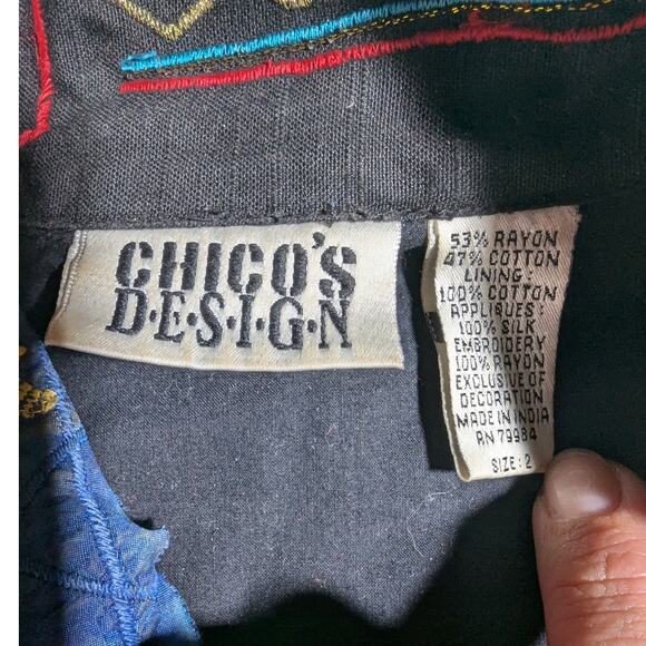 Vtg 1990s Chico's Black Blue Geometric Applique Button Up Collared Jacket Sz 2 L - Picture 3 of 3